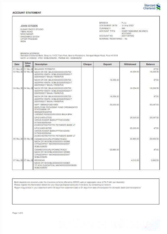 India Standard Chartered bank statement Word and PDF template scr download template file