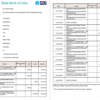India State Bank of India (SBI) bank statement 2 pages download template file