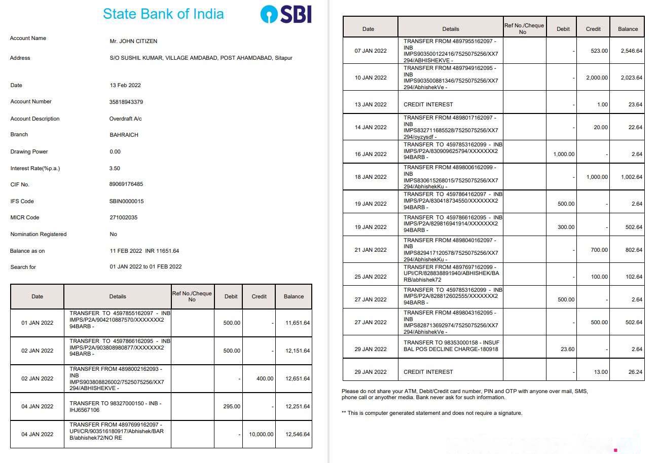 India State Bank of India (SBI) bank statement 2 pages download template file