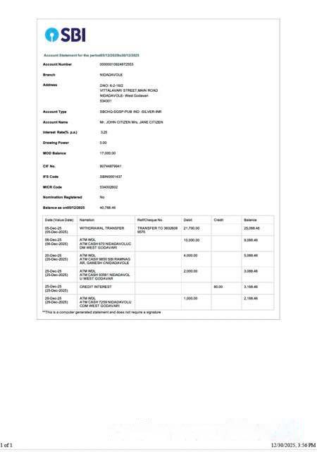 India State Bank of India account statement Word and PDF template, version 3 download template file