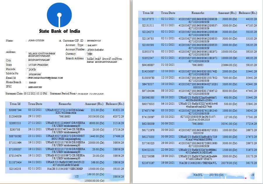 India State Bank of India bank statement template, Word and PDF format, 6 pages download template file