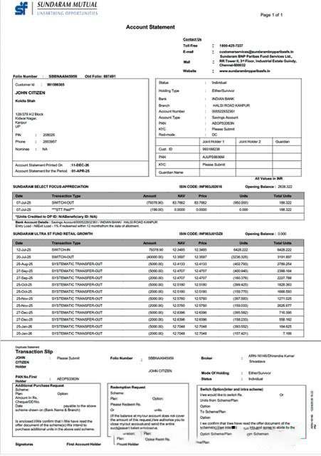 India Sundaram Mutual account statement Word and PDF template download template file