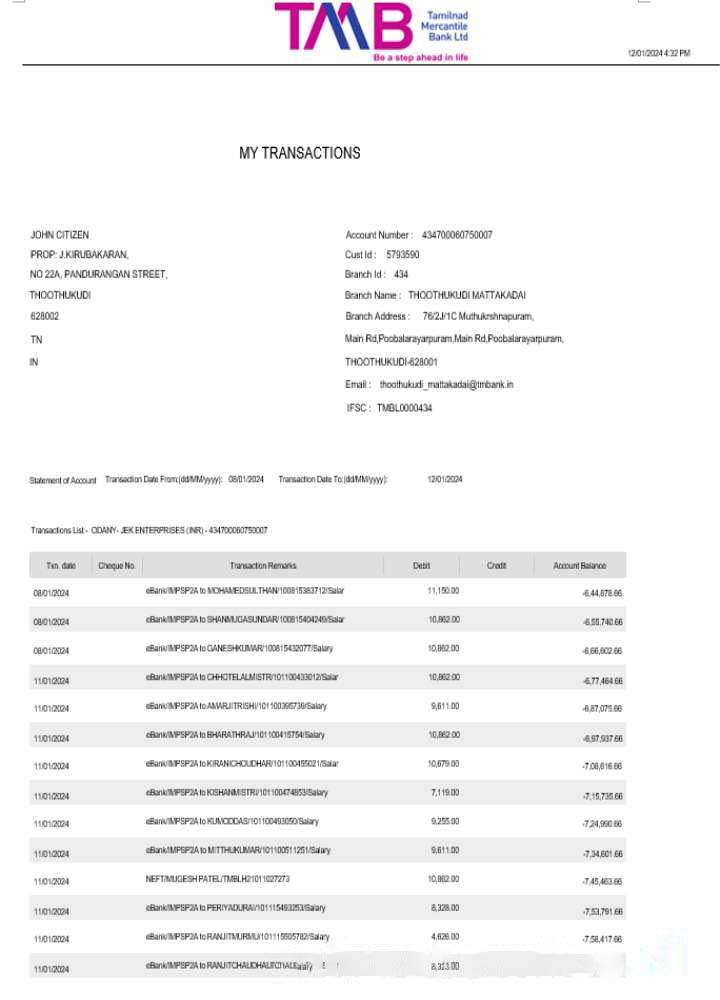 India TAB bank statement Word and PDF template, 2 pages download template file