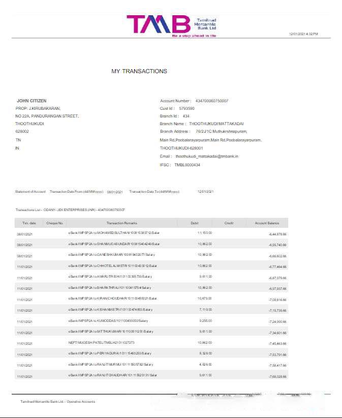 India TAB bank statement Word and PDF template scr download template file