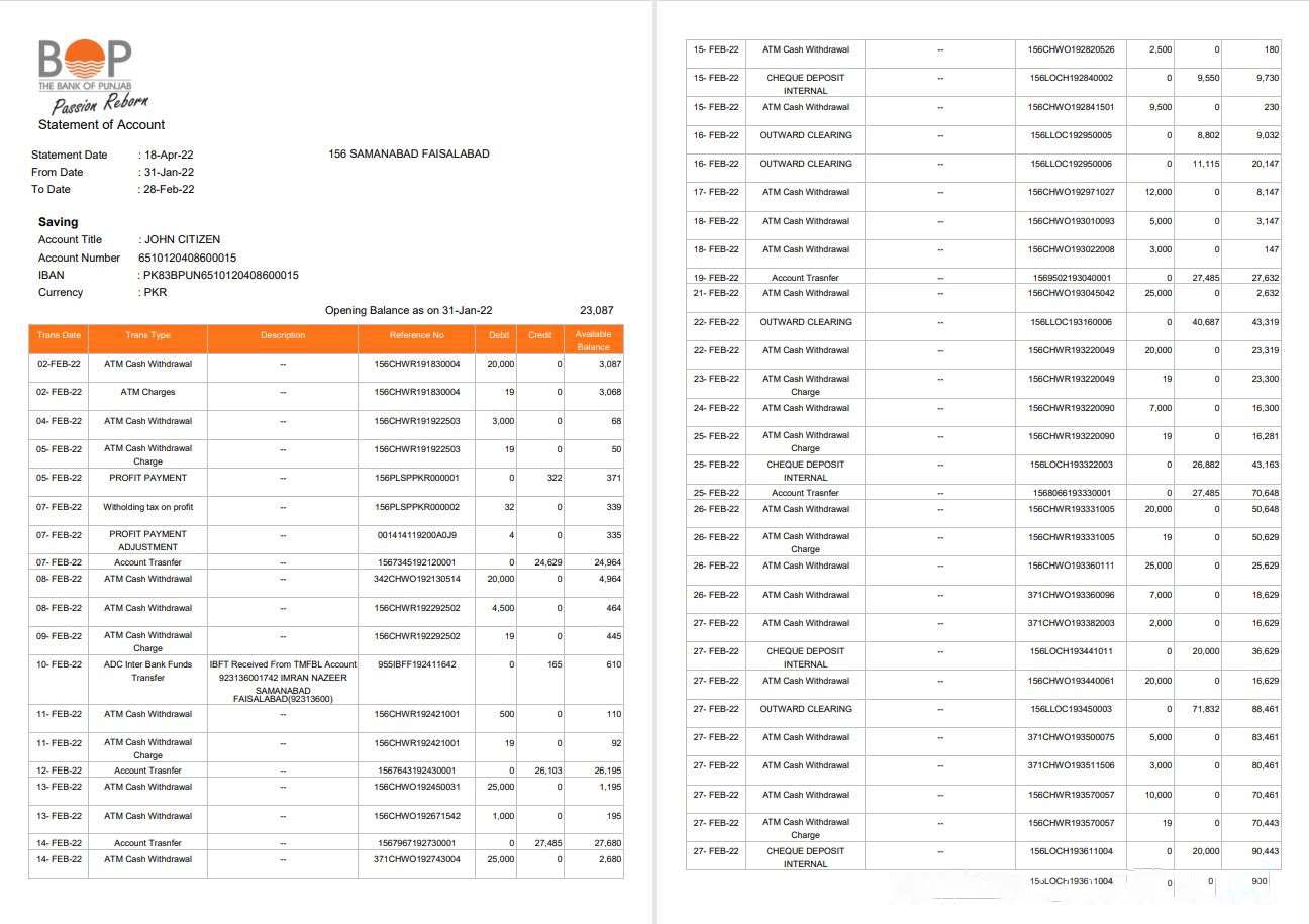 India The Bank of Punjab (BOP) account statement, 3 pages download template file