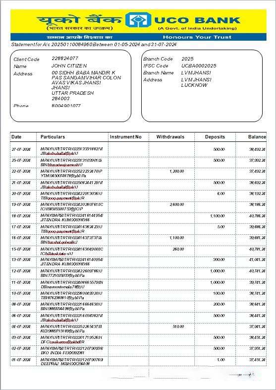 INDIA UCO bank statement template, Word and PDF format, version 2 download template file