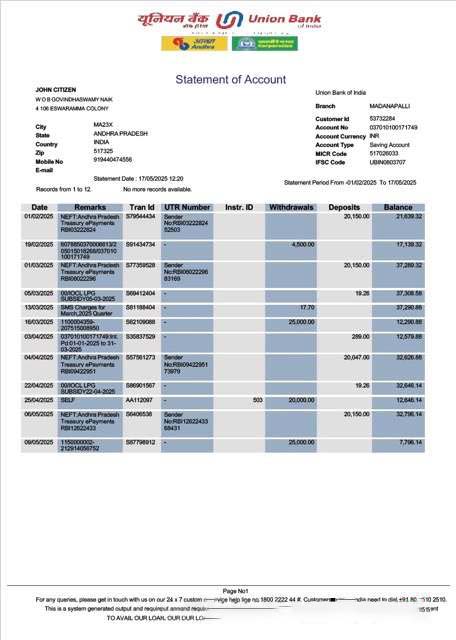 India Union Bank account statement Word and PDF template, version 2 download template file
