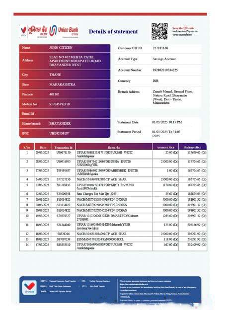 India Union Bank of India account statement Word and PDF template, version 3 download template file