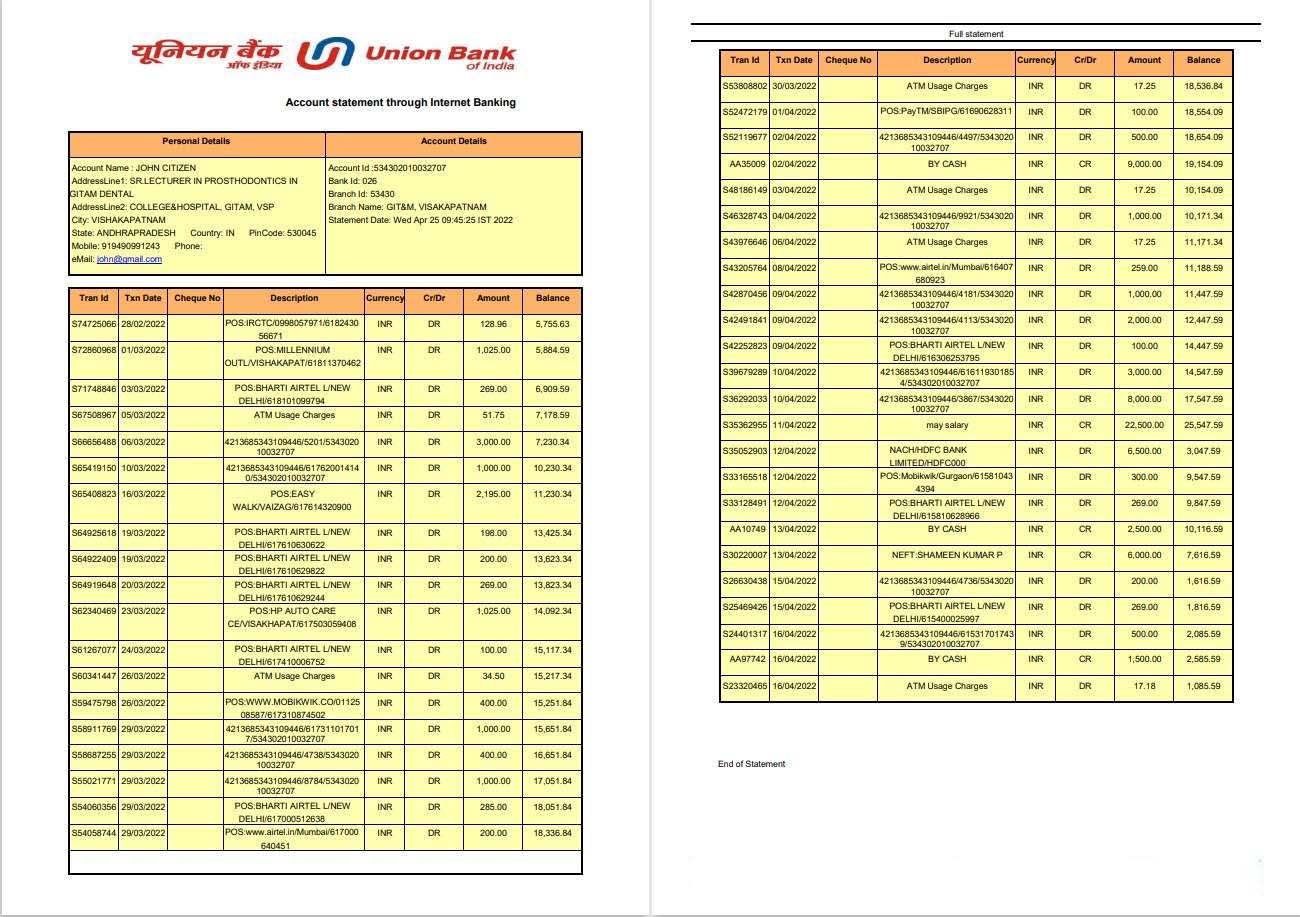 India Union Bank of India bank statement, 2 pages download template file