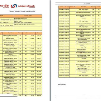 India Union Bank statement template, Word and PDF format, 2 pages download template file