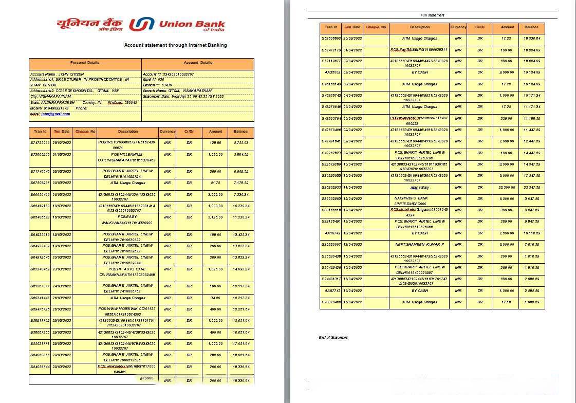 India Union Bank statement template, Word and PDF format, 2 pages download template file