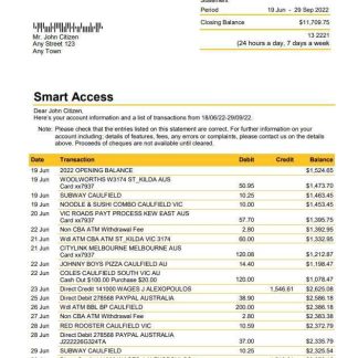 Australia Commonwealth bank statement, Word and PDF template, 5 pages download template file
