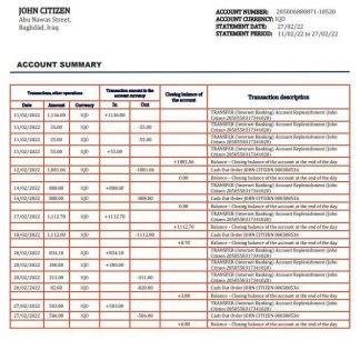 Iraq Rafidain proof of address Bank statement download template file