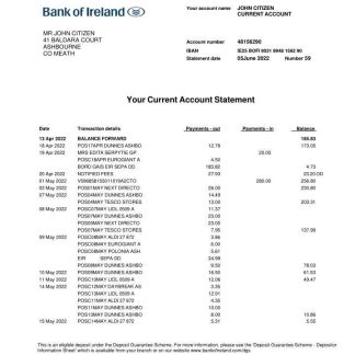 Ireland Bank of Ireland bank statement template, Word and PDF format, 2 pages download template file