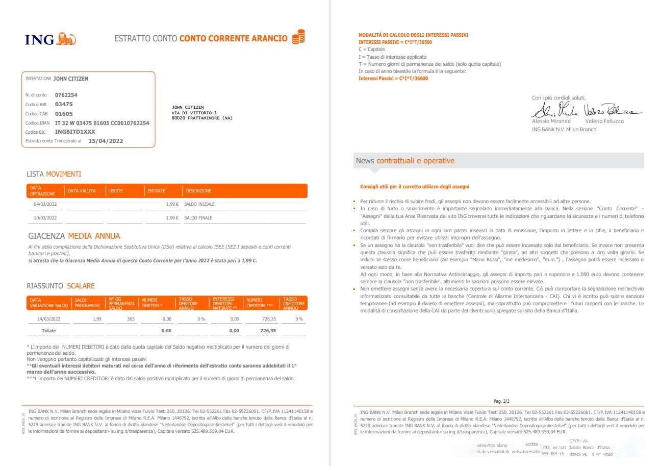 Italy ING bank statement 2 pages download template file