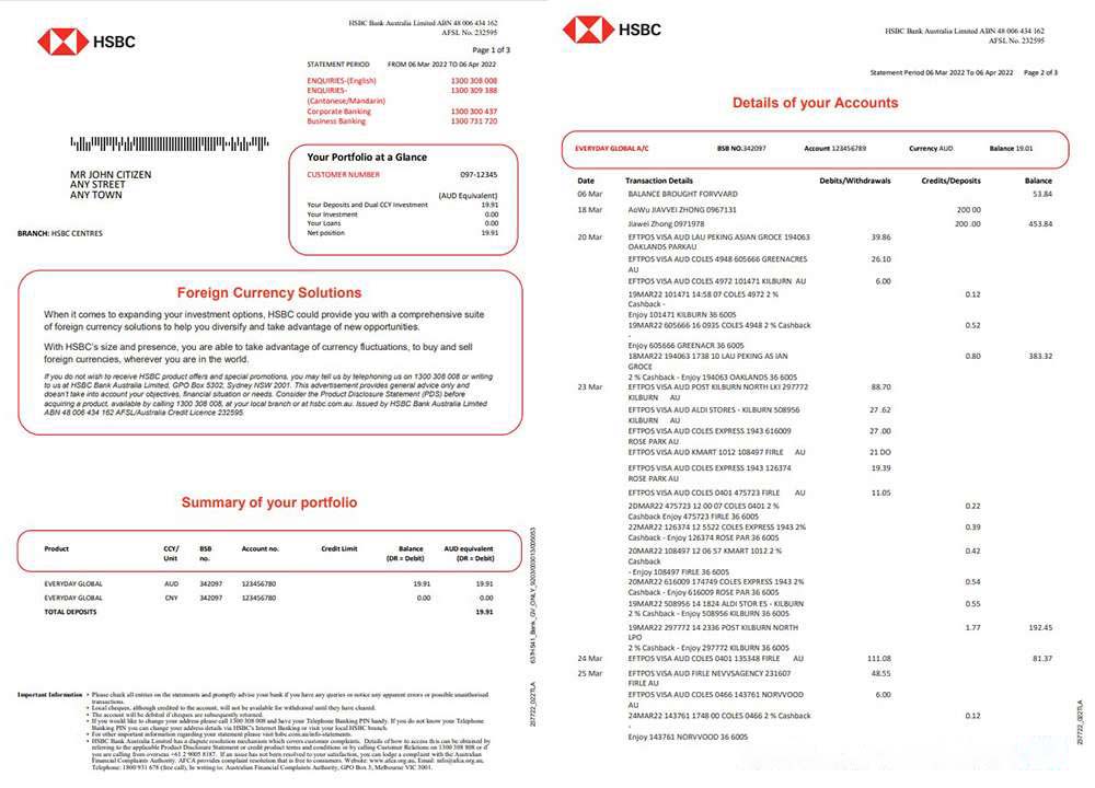 Australia HSBC bank statement, Word and PDF template, 3 pages download template file