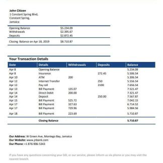 Jamaica National Bank statement download template file