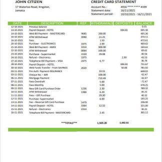 Jamaica Sagicor Bank statement template, Word and PDF format (.doc and .pdf) download template file