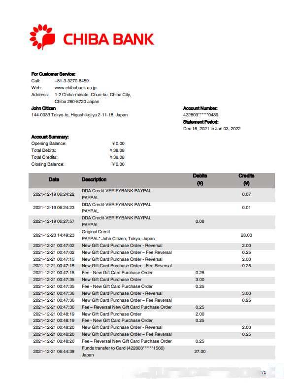 Japan Chiba bank statement template in Word and PDF format.1 download template file