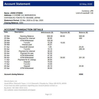 Japan Mizuho Bank statement download template file
