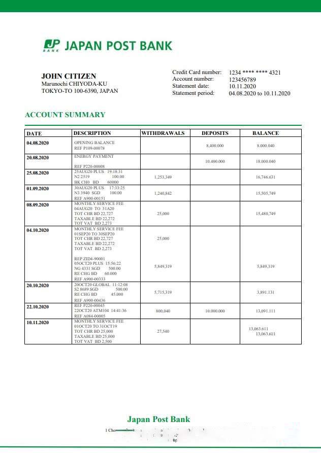 Japan Post Bank statement template in Word and PDF format, good for address prove download template file