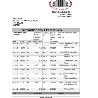 Albania Bank of Albania bank statement template in Excel an PDF format download template file