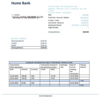 Australia Humebank proof of address statement template in .doc and .pdf format, fully editable download template file