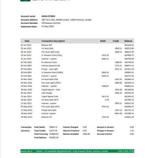 Jordan Cairo Amman bank statement template, Excel and PDF format download template file