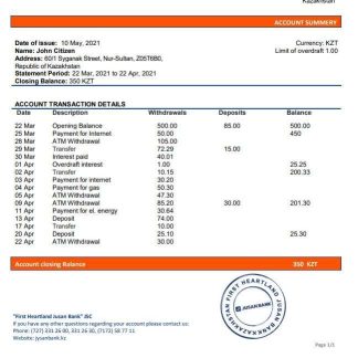 Kazakhstan First Heartland Jusan Bank statement download template file