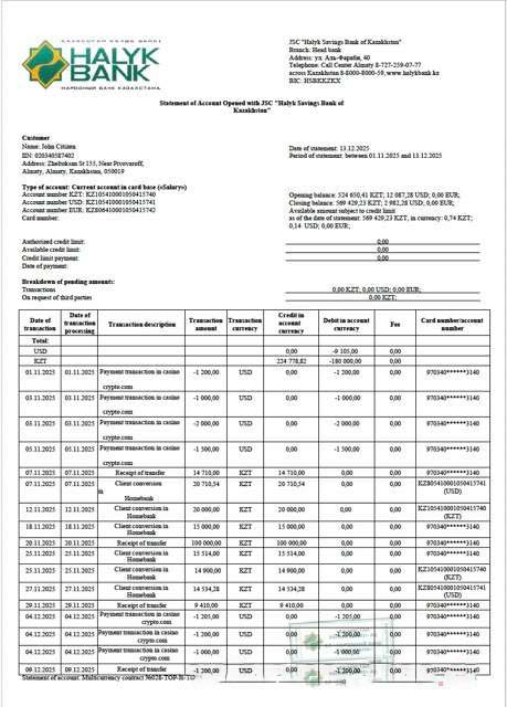 Kazakhstan Halyk Bank statement of account Word and PDF template download template file