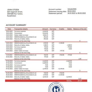 Kazakhstan Kaspi Bank statement download template file