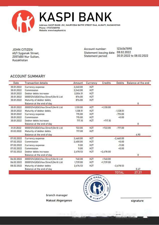 Kazakhstan Kaspi Bank statement download template file