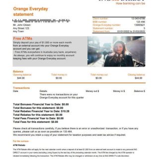 Australia ING Direct bank statement 2 pages xls download template file