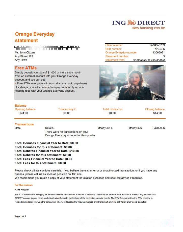 Australia ING Direct bank statement 2 pages xls download template file