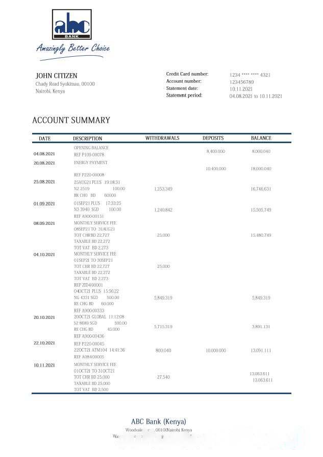 Kenya ABC bank statement download template file