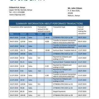 Kenya Citibank bank statement download template file