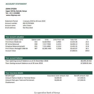 Kenya Co Operative Bank proof of address statement template in Word and PDF format, .doc and .pdf format download template file