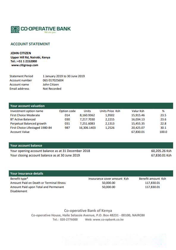 Kenya Co Operative Bank proof of address statement template in Word and PDF format, .doc and .pdf format download template file