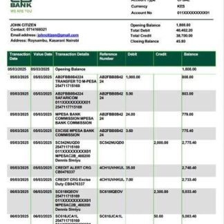 Kenya Co operative Bank statement Word and PDF template, version 2 download template file