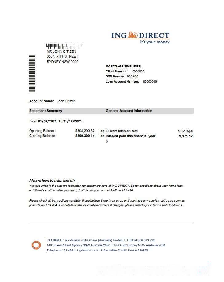 Australia ING Direct bank statement easy to fill template in Excel and PDF format download template file