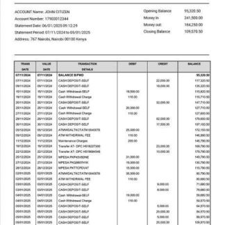 Kenya KCB Bank account statement Word and PDF template download template file