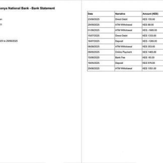 Kenya National Bank bank statement Word and PDF template, 2 pages download template file