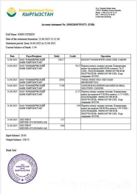 Kyrgyzstan Commercial Bank of Kyrgyzstan account statement Word and PDF template download template file