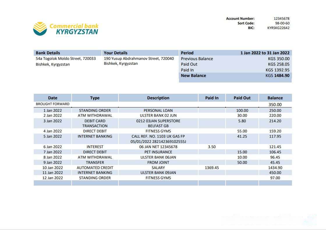 Kyrgyzstan Commercial Bank statement download template file
