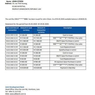Laos Joint Development Bank (JDB) statement download template file