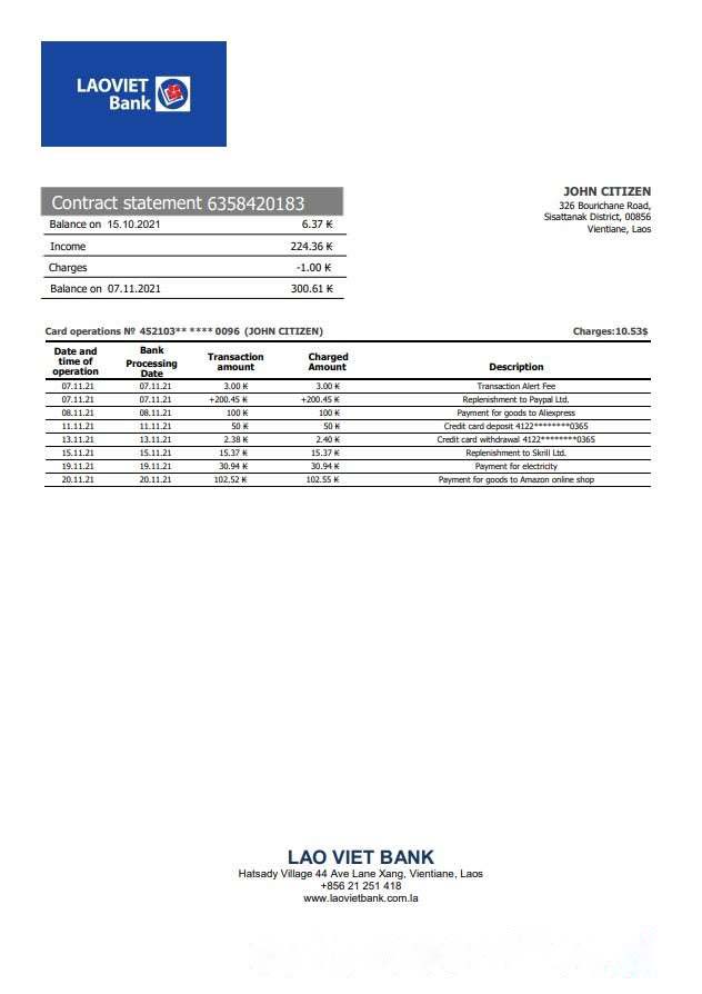 Laos Lao Viet Bank statement download template file