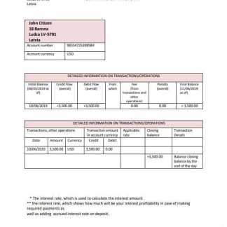 Latvia Citadele bank statement template, Word and PDF format (.doc and .pdf) download template file