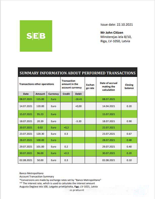 Latvia SEB Bank statement template in Word and PDF format download template file