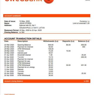 Latvia Swedbank bank statement template, Word and PDF format (.doc and .pdf) download template file