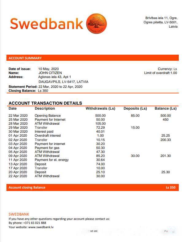 Latvia Swedbank bank statement template, Word and PDF format (.doc and .pdf) download template file